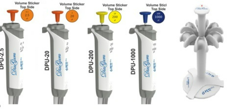 Diaguru D-Pett Set of 4 Single Channel Pipettes Plus Pipette Carousel Rack