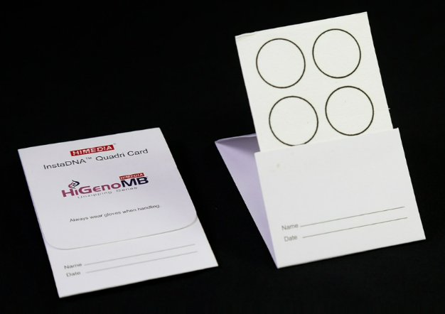 HiMedia's InstaDNA™ Quadri Card or DBS Card for sample collection including dried blood, buccal cells, tissue, cultured cells, microorganisms and plant tissue Pack/100