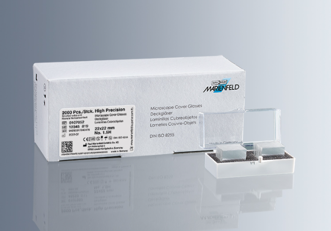 Marienfeld Microscope Coverslip Glass 24x60 mm; Square, Borosilicate Glass Thickness 1.5H (0.170 mm ± 0.005 mm), 100pcs/Vial, 10 vials/box