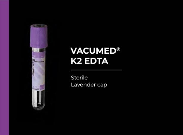 Vacumed with K2 EDTA, Lavender Cap, Sterile 13x75 mm, 3 ml of blood, Carton/1200