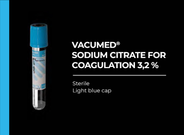 Vacumed with Sodium Citrate 3.2%, for Coagulation, Light Blue Cap, Sterile 13x75 mm,  3.6 ml of blood  100Pcs/BX