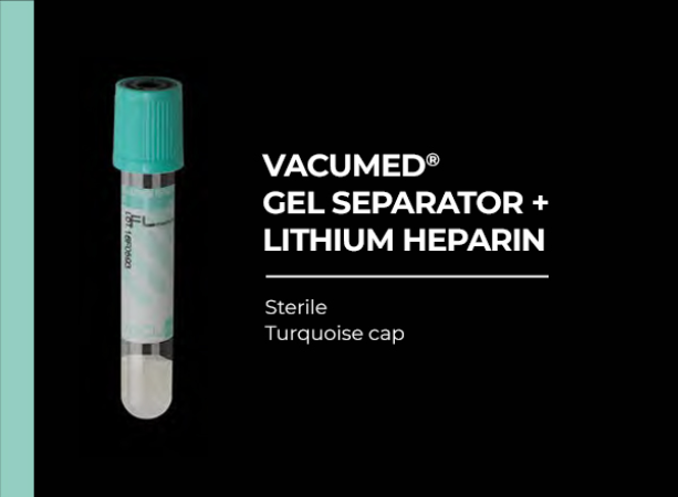 Vacumed with Gel Separator and Lithium Heparin, Turquoise Cap, Sterile 13x100 mm, 5 ml of blood, Carton/1200