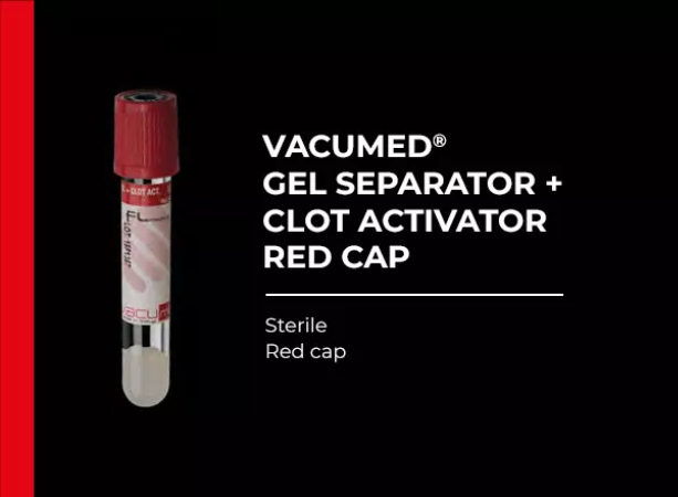 Vacumed with Gel Separator and Clot Activator, Red Cap, Sterile 16x100 mm, 8 ml of blood, 100Pcs/BX
