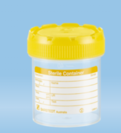 Sarstedt 70 mL Polypropylene Container Yellow Screw Cap Sterile Labelled 55X44mm, Graduated 500/Carton