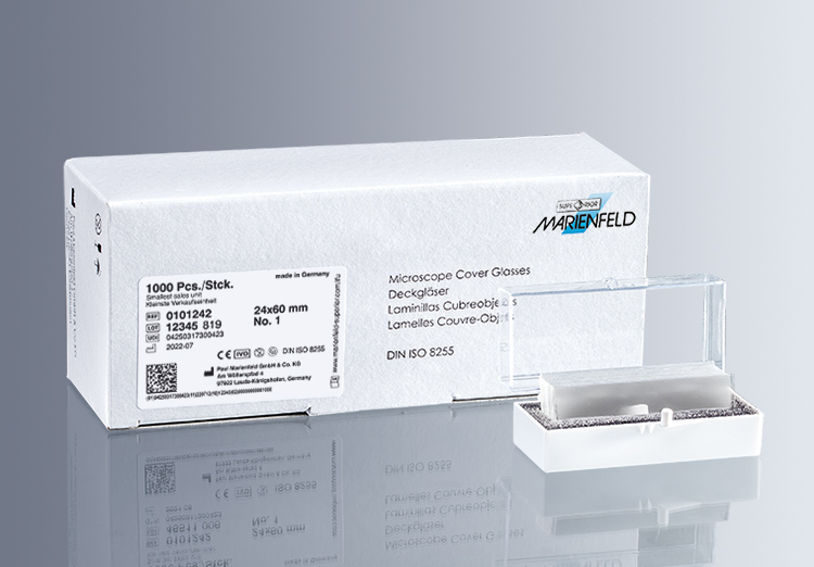 Marienfeld Microscope Coverslip Glass 12x12 mm; Square, Borosilicate Glass Thickness 0.13-0.16 mm, 100pcs/Vial, 10 vials/box