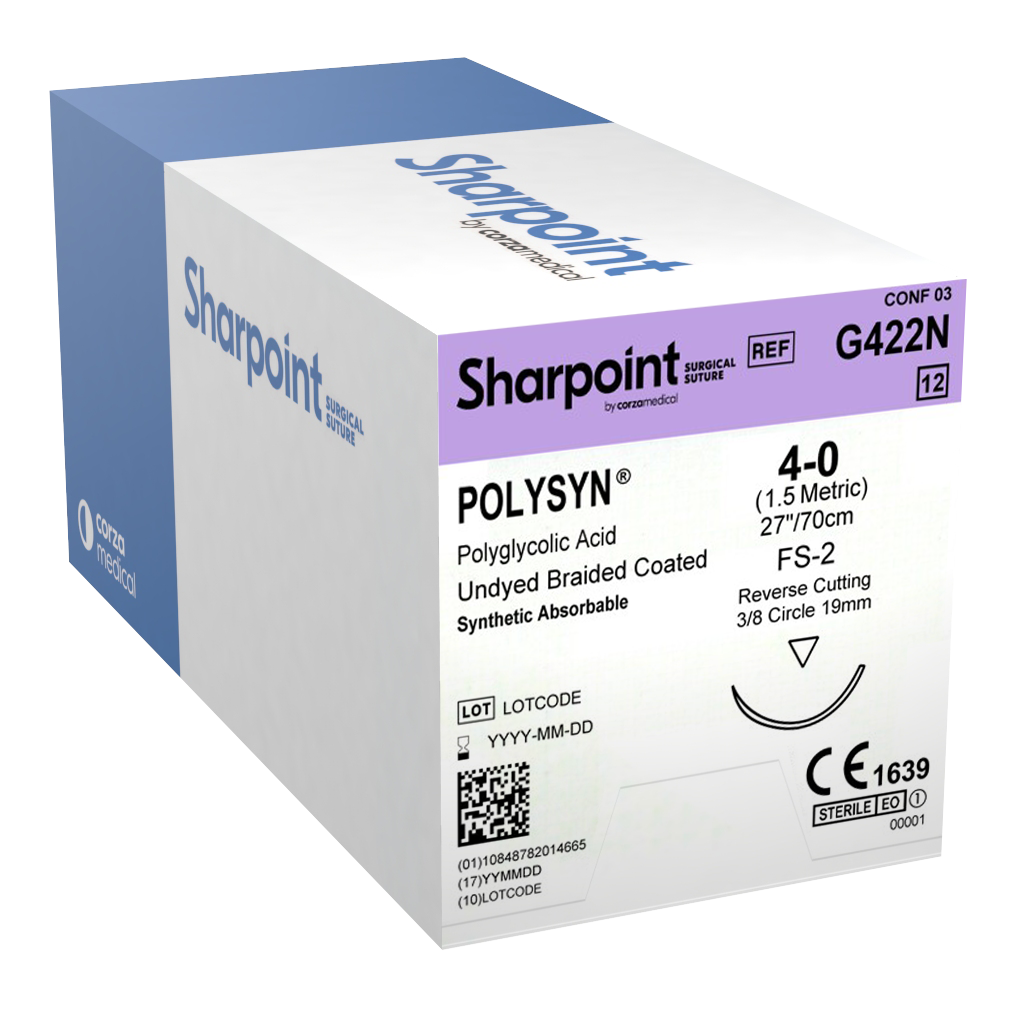 SHARPOINT Suture PolySyn™, 4-0, Undyed, 27", DSM19, 3/8 Circle Reverse Cutting 19mm Box/12