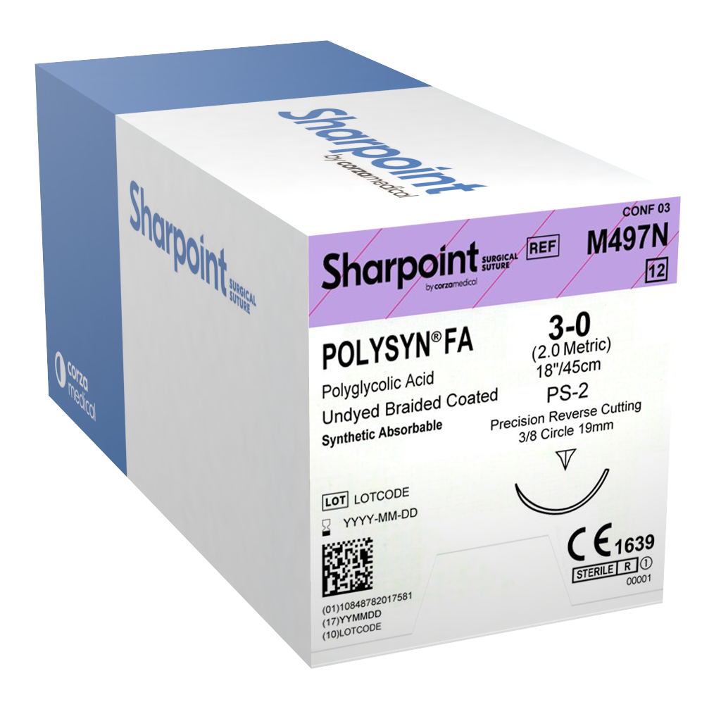 SHARPOINT Suture PolySyn FA™, 3-0, Undyed, 18", HSM24, 1/2 Circle Reverse Cutting 24mm Box/12