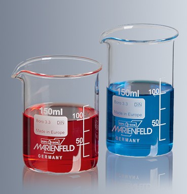 Marienfeld Low Form Glass Beakers with Spout and White Graduation