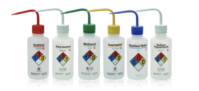 DiaGuru Safety Wash Bottle Set 500ml Set of 6 Sodium Hypochlorite, Distilled Water, Methanol, Isopropanol, Acetone, Ethanol, Printed LDPE Material Different Color Caps