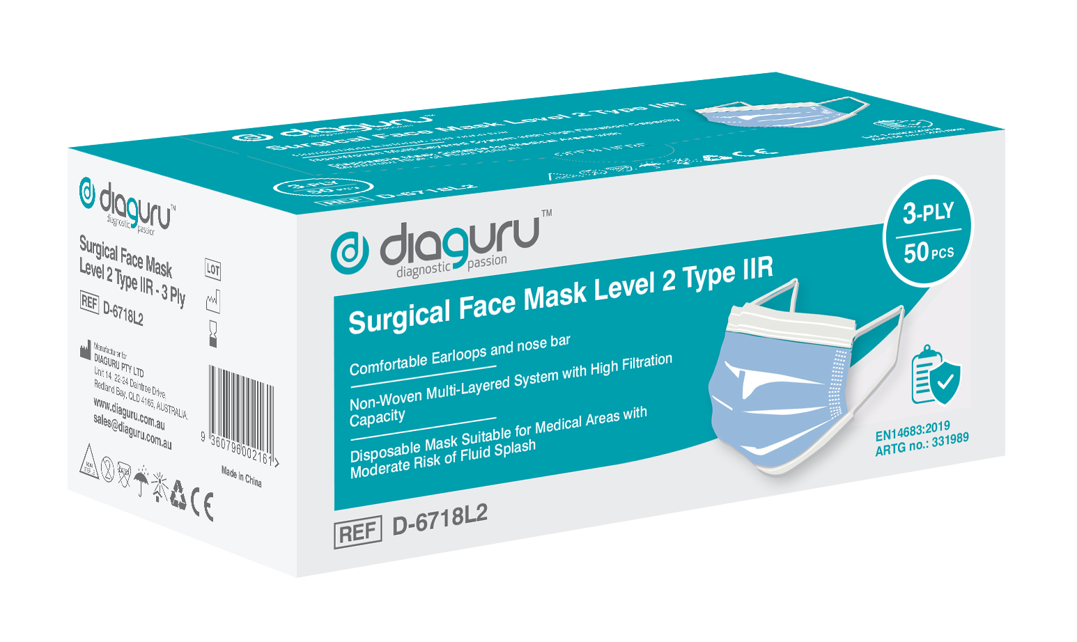 Diaguru Level 2 Surgical Face Mask; 3-Ply, Non-Woven Box/50