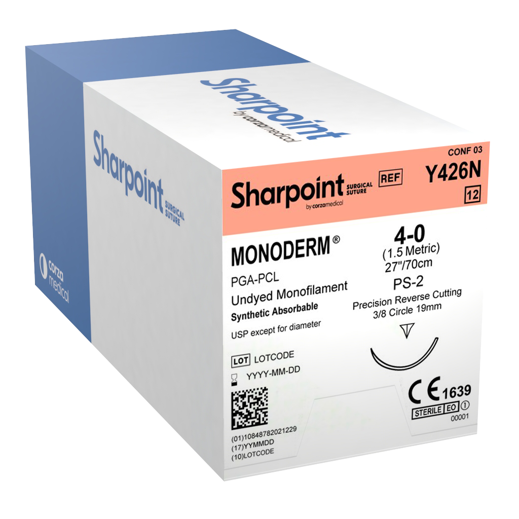SHARPOINT Suture Monoderm™, 4-0, Undyed, 27", PS-2, 3/8 Circle Precision Reverse Cutting 19mm Box/12