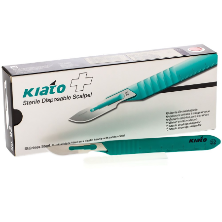 Kiato Disposable Sterile Scalpel Stainless Steel with Plastic Handle Fitment No. 4 #22 10'S