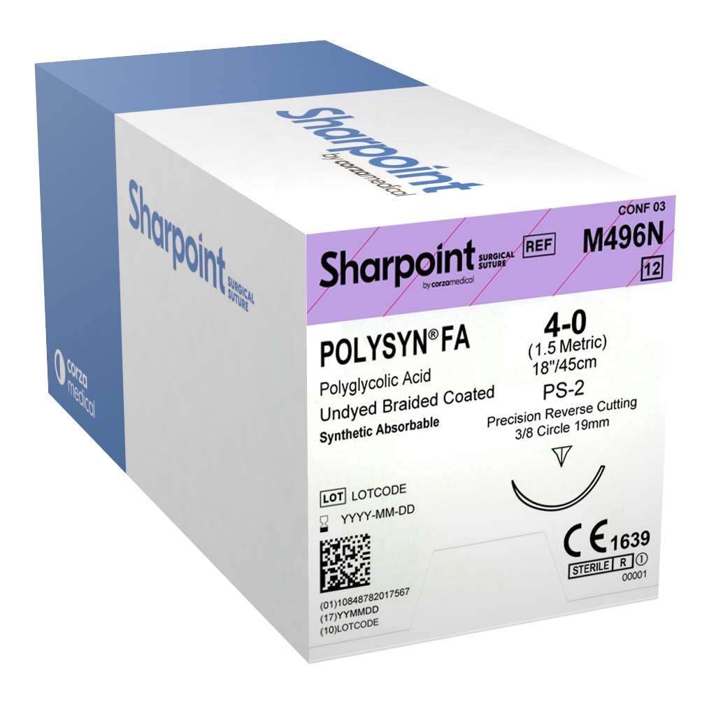 SHARPOINT Suture PolySyn FA™, 4-0, Undyed, 18", DSM19, 3/8 Circle Precision Reverse Cutting 19mm Box/12