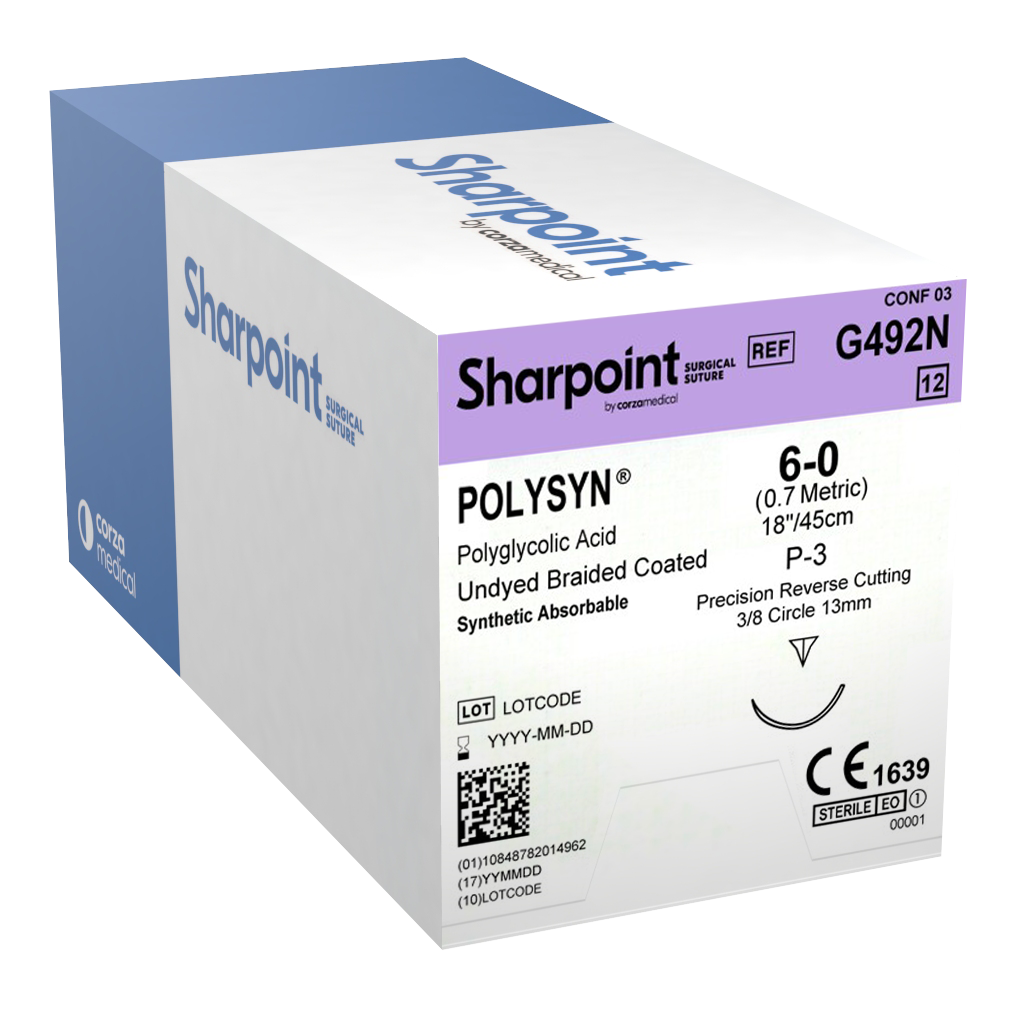 SHARPOINT Suture PolySyn™, 6-0, Undyed, 18", DSM13, 3/8 Circle Precision Reverse Cutting 13mm Box/12