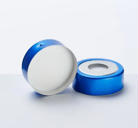 DiaGuru White PTFE/White Silicone Septa 20×3mm with 20mm Crimp-Top Blue Magnetic Aluminum Cap 8mm Centre Hole 100pcs/pack