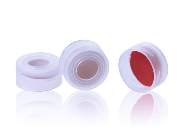 DiaGuru White PTFE/Red Silicone Septa 11×1mm 11mm Natural Snap-Top PP Cap 6mm Centre Hole 100pcs/pack