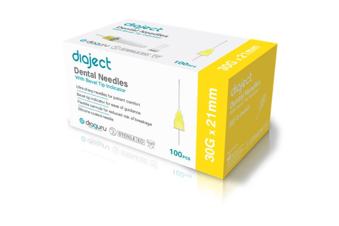 Diaject Dental Needles with Bevel Tip Indicator 30 G x 21 mm; Yellow
