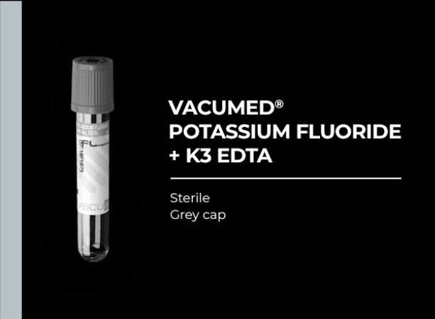 Vacumed with Potassium Fluoride, Grey Cap, Sterile 13x75 mm, 3 ml of blood, Carton/1200 Limited Qty