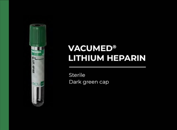 Vacumed with Lithium Heparin, Green Cap, Sterile 13x75 mm, 2 ml of blood, 100Pcs/BX