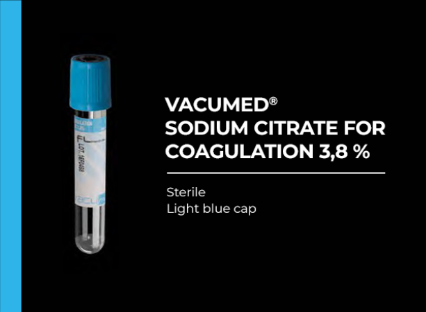 Vacumed with Sodium Citrate 3.8 %, for Coagulation, Light Blue Cap, Sterile 13x75 mm,  2.7 ml of blood  100Pcs/BX, Limited Qty
