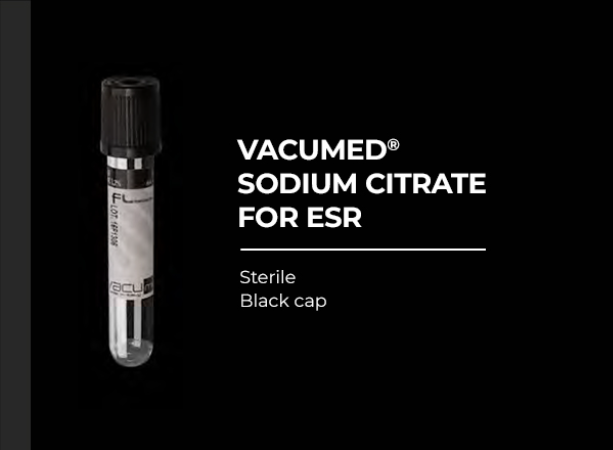 Vacumed with Sodium Citrate 3.2%, for ESR, Black Cap, Sterile 13x75 mm,  2.4 ml of blood  Carton/1200