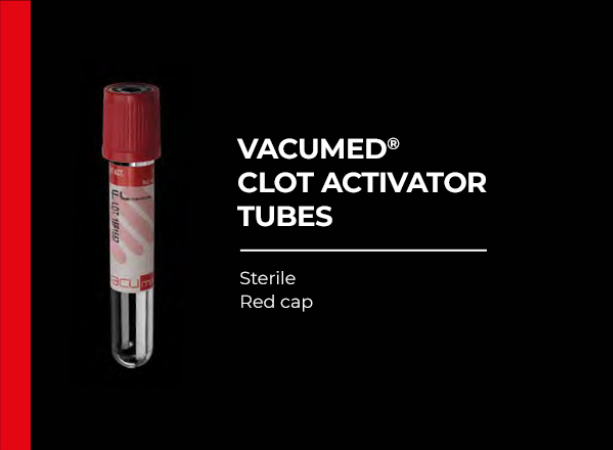 Vacumed with Clot Activator, Red Cap, Sterile 13x75 mm, 3 ml of blood,  Carton/1200