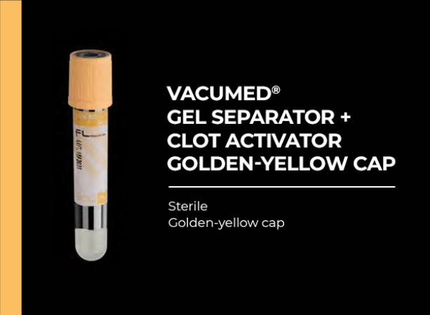 Vacumed with Gel Separator and Clot Activator, Golden-Yellow Cap, Sterile 13x75 mm, 3.5 ml of blood, Carton/1200