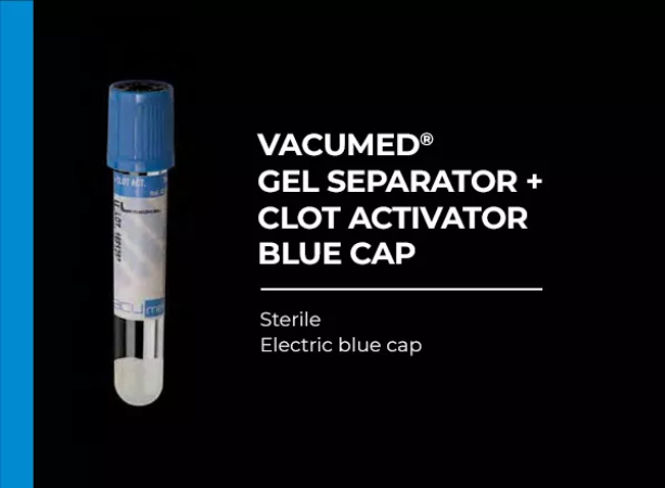 Vacumed with Gel Separator and Clot Activator, Electric Blue Cap, Sterile 16x100 mm, 8 ml of blood, Carton/600