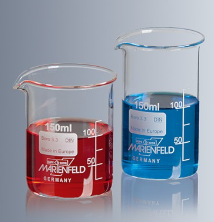 Marienfeld Tall Form Glass Beakers with Spout and White Graduation